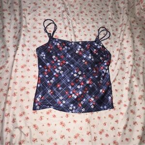 Blue and Red Sleeveless Crop Floral Tankini